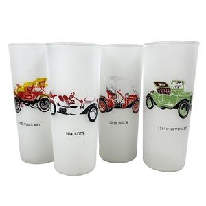 Frosted High Ball Glasses Vintage Barware Hazel Atlas Antique Autos Set of 4